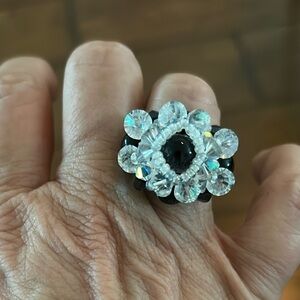 Elegant Black and clear Crystal beaded Ring stretchy size 7 statement ring